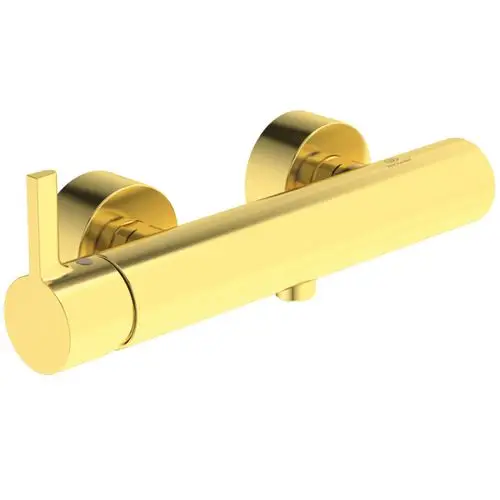 Brausearmatur in der Farbe Brushed Gold von Ideal Standard, mit runder Form und einem seitlichen Hebel für die Temperatureinstellung.